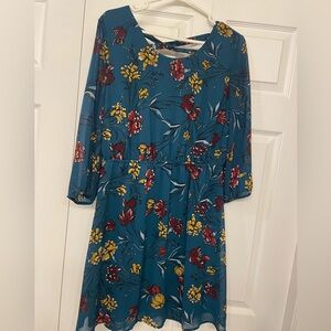 Maurices Teal Dress with Red and Yellow Floral Design